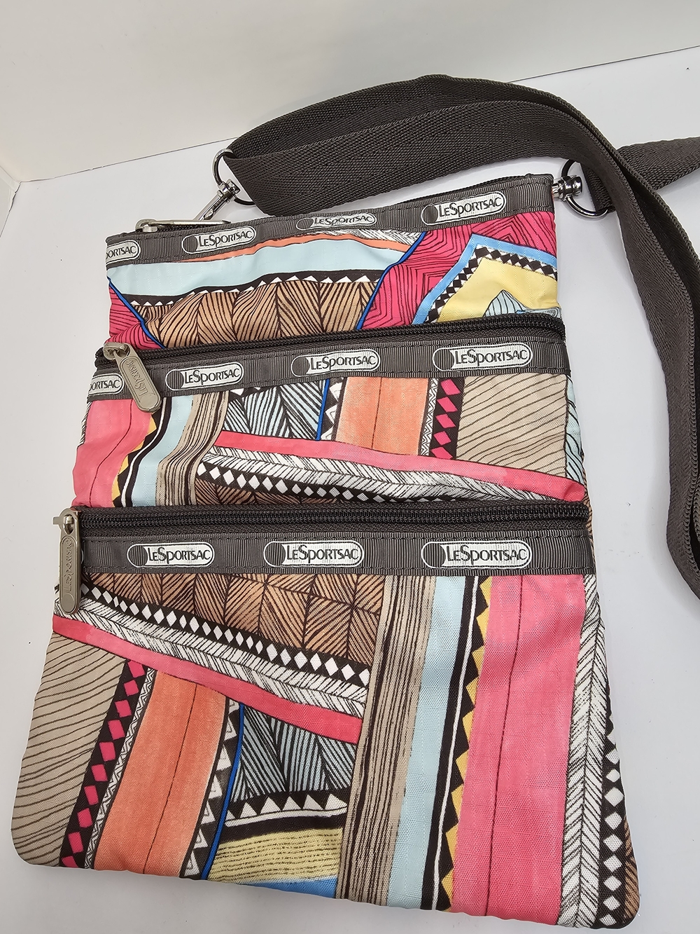 LeSportsac 3-Zip Crossbody Bag Abstract Tribal Geometric Chevron Print NWOT